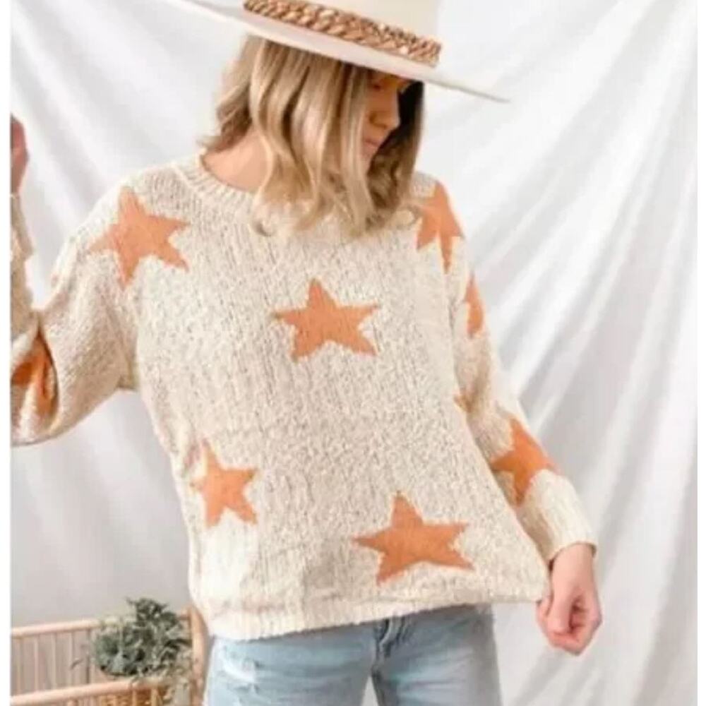 Boutique Women's Star Knit Pullover Sweater Cream Orange size Small